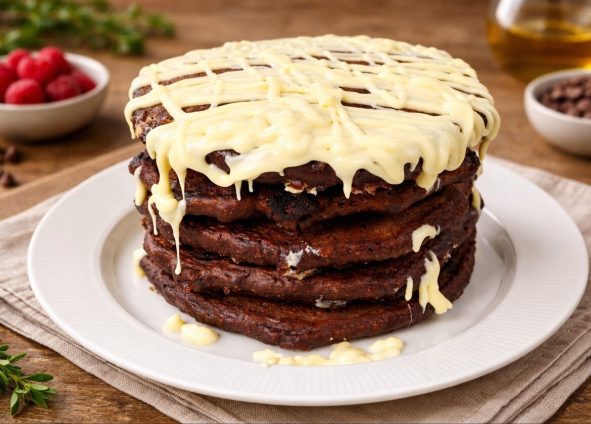 Schoko-Haferflocken-Pfannkuchen mit weißer Schokoladenganache