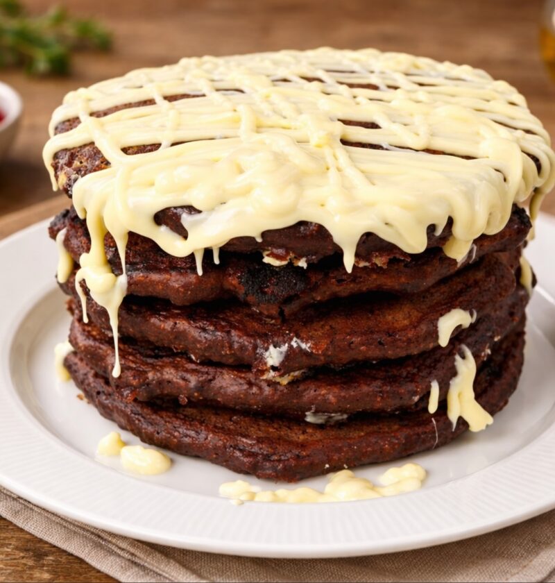 Schoko-Haferflocken-Pfannkuchen mit weißer Schokoladenganache