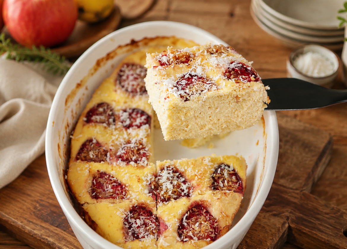 Quark-Auflauf mit Banane, Erdbeeren und Kokos