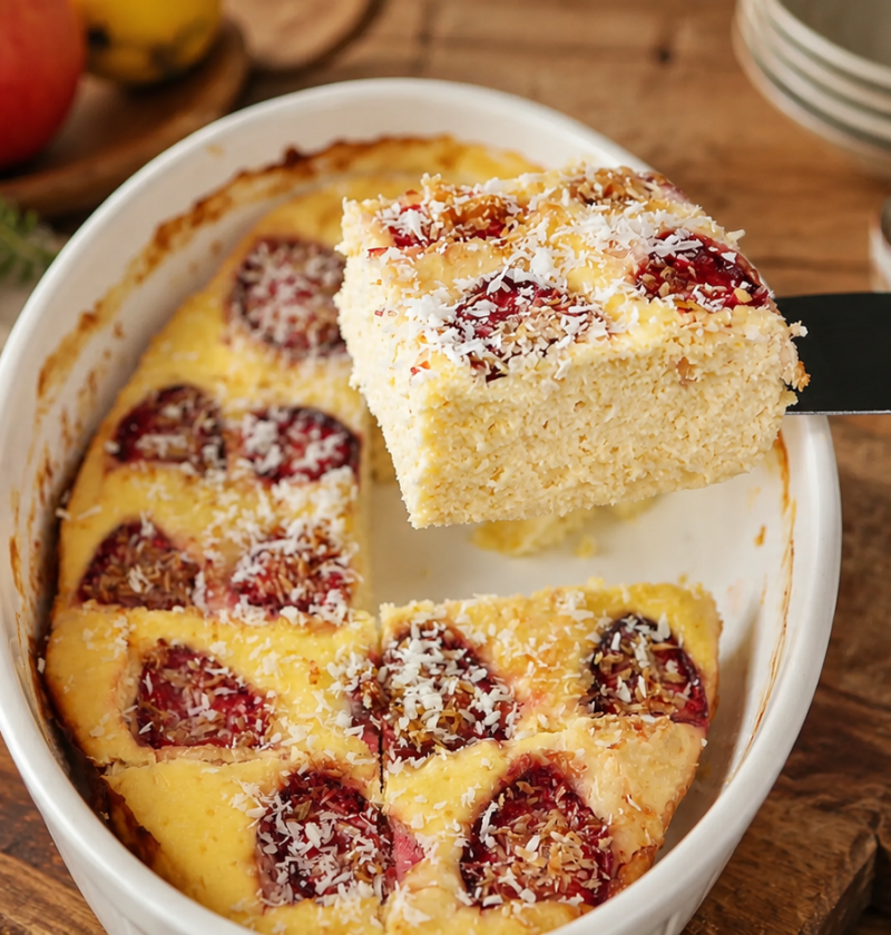 Quark-Auflauf mit Banane, Erdbeeren und Kokos