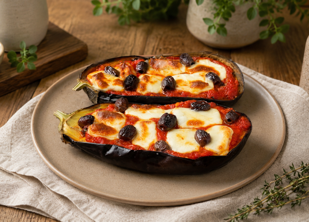 Air Fryer Aubergine mit Tomatensauce, Mozzarella und Oliven
