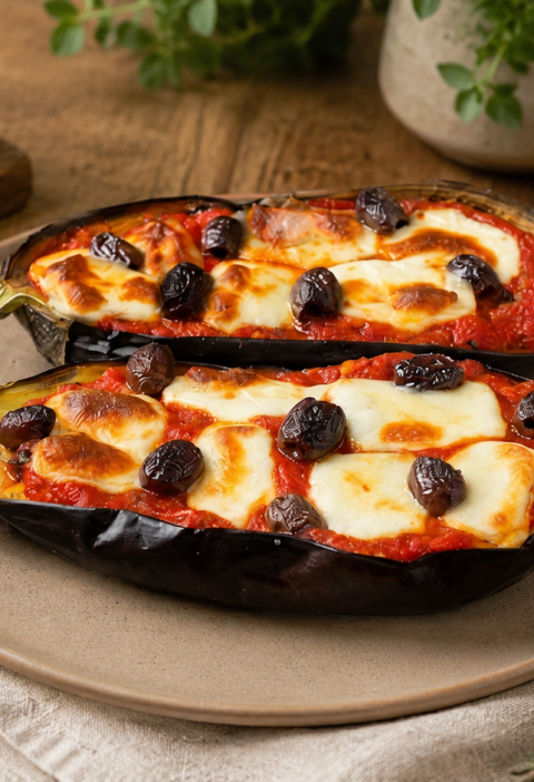 Air Fryer Aubergine mit Tomatensauce, Mozzarella und Oliven