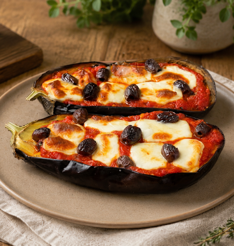 Air Fryer Aubergine mit Tomatensauce, Mozzarella und Oliven