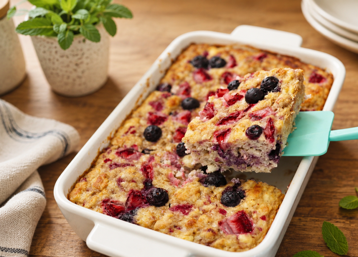 Mandel-Beeren-Auflauf mit Banane und Hüttenkäse