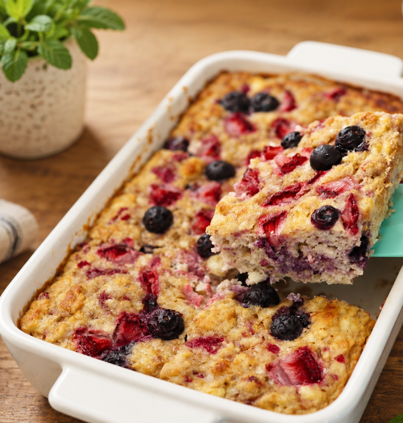 Mandel-Beeren-Auflauf mit Banane und Hüttenkäse