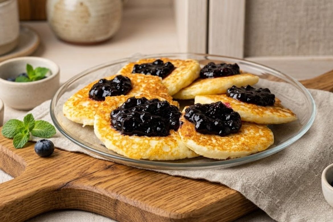 Hüttenkäse-Pancakes mit Kokosmehl und Beerensauce