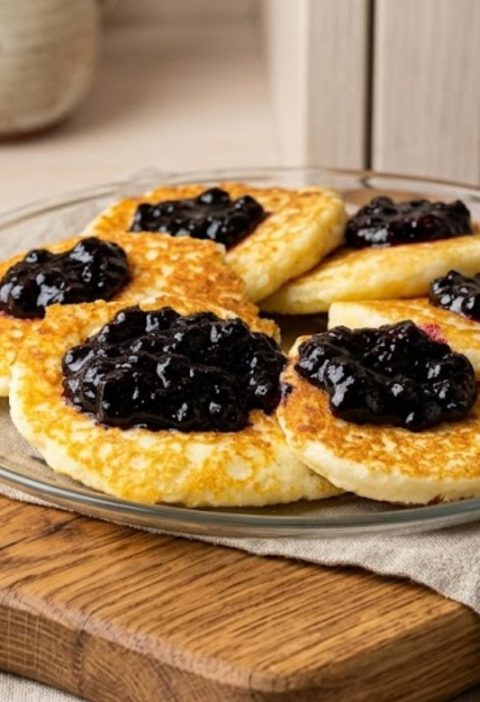 Hüttenkäse-Pancakes mit Kokosmehl und Beerensauce