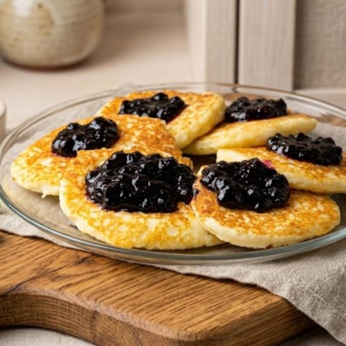 Hüttenkäse-Pancakes mit Kokosmehl und Beerensauce
