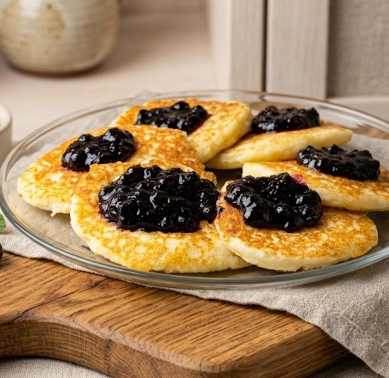 Hüttenkäse-Pancakes mit Kokosmehl und Beerensauce
