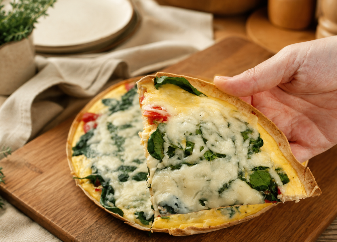 Tortilla-Quiche mit Ei, Hüttenkäse, Spinat und Tomate
