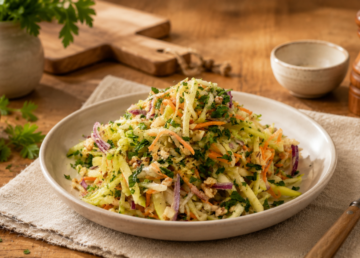Frischer Krautsalat mit Apfel, Karotte und Walnüssen