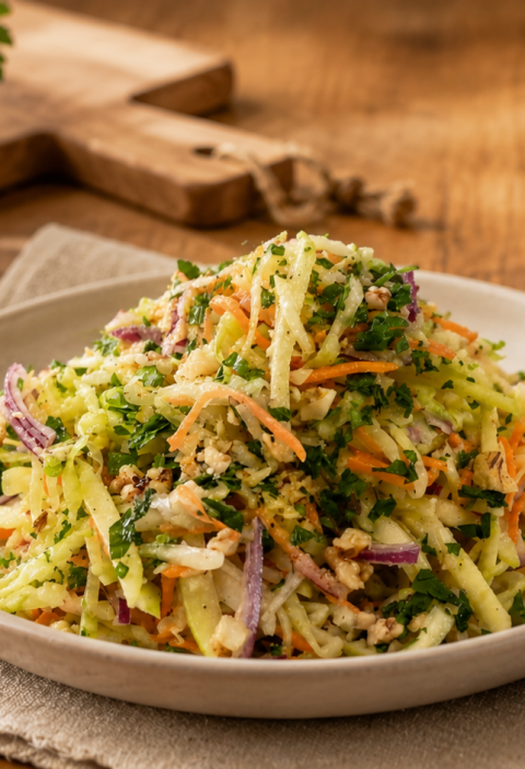 Frischer Krautsalat mit Apfel, Karotte und Walnüssen