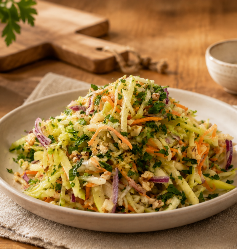 Frischer Krautsalat mit Apfel, Karotte und Walnüssen