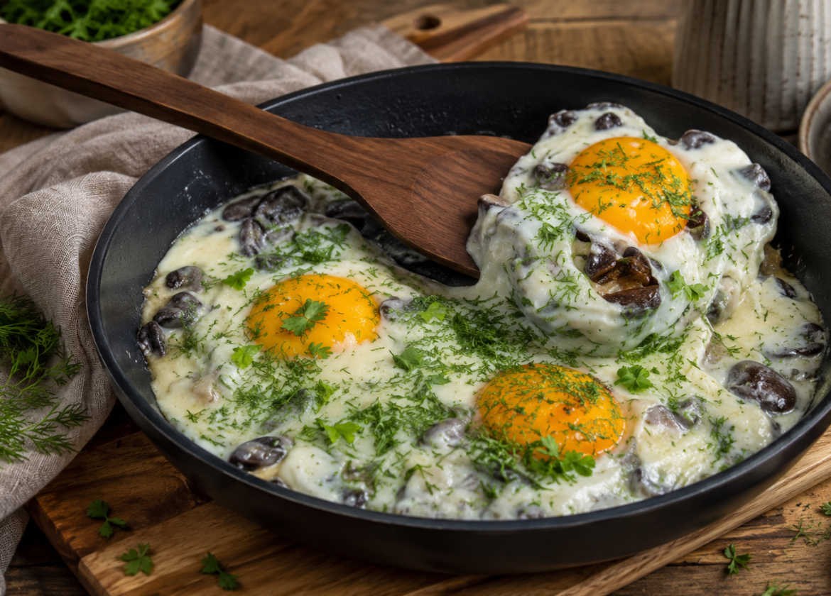 Rote Bohnen mit Eiern und Mozzarella aus der Pfanne