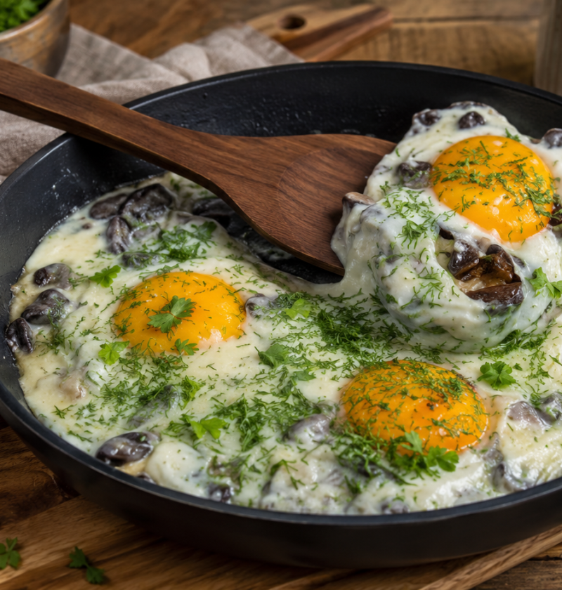 Rote Bohnen mit Eiern und Mozzarella aus der Pfanne