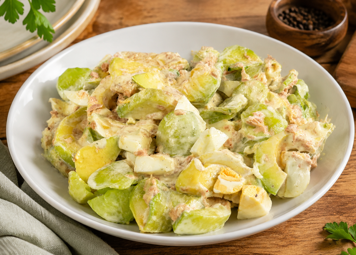 Gurken-Avocado-Salat mit Thunfisch, Ei und Joghurt-Dressing