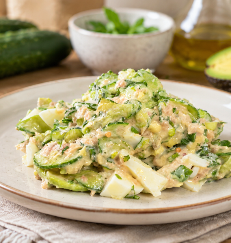 Avocado-Gurken-Salat mit Thunfisch, Ei und Joghurt-Dressing