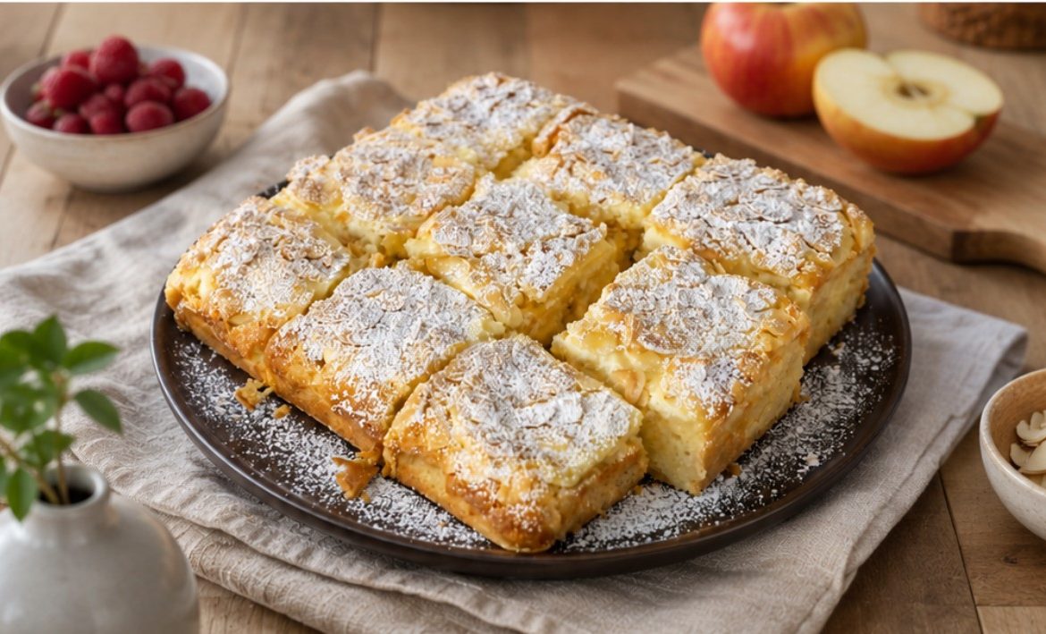 Apfelkuchen mit Käsekuchen-Schicht und Mandeln
