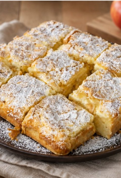 Apfelkuchen mit Käsekuchen-Schicht und Mandeln