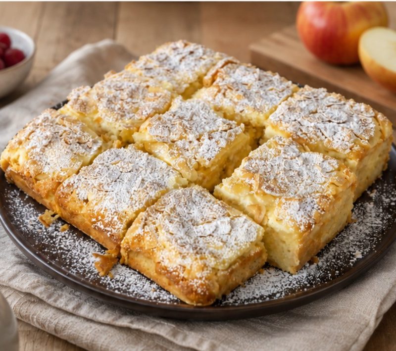 Apfelkuchen mit Käsekuchen-Schicht und Mandeln