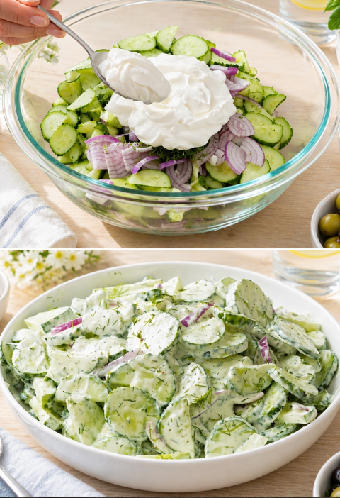 Gurkensalat mit saurer Sahne, Dill und Knoblauch