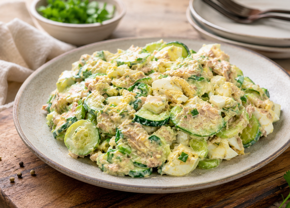 Gurken-Avocado-Salat mit Thunfisch und Ei
