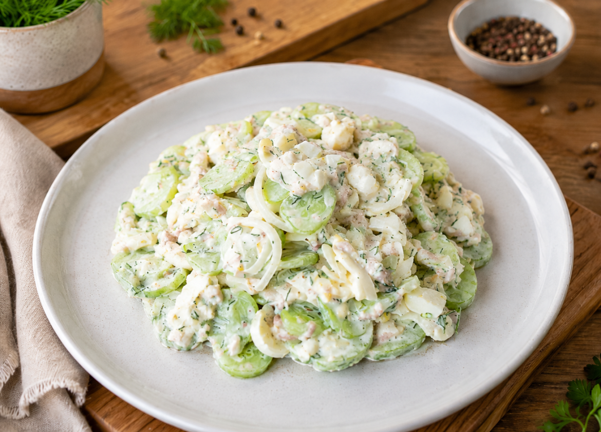 Gurken-Tunfisch-Eier-Salat mit cremigem Joghurt-Dressing