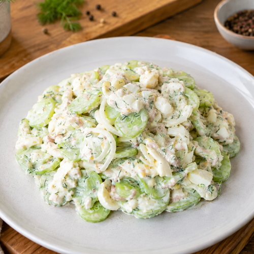 Gurken-Tunfisch-Eier-Salat mit cremigem Joghurt-Dressing