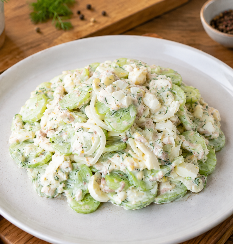 Gurken-Tunfisch-Eier-Salat mit cremigem Joghurt-Dressing