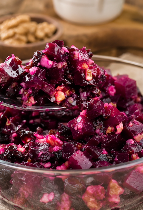 Rote-Bete-Salat mit Walnüssen, Pflaumen, Honig und Olivenöl