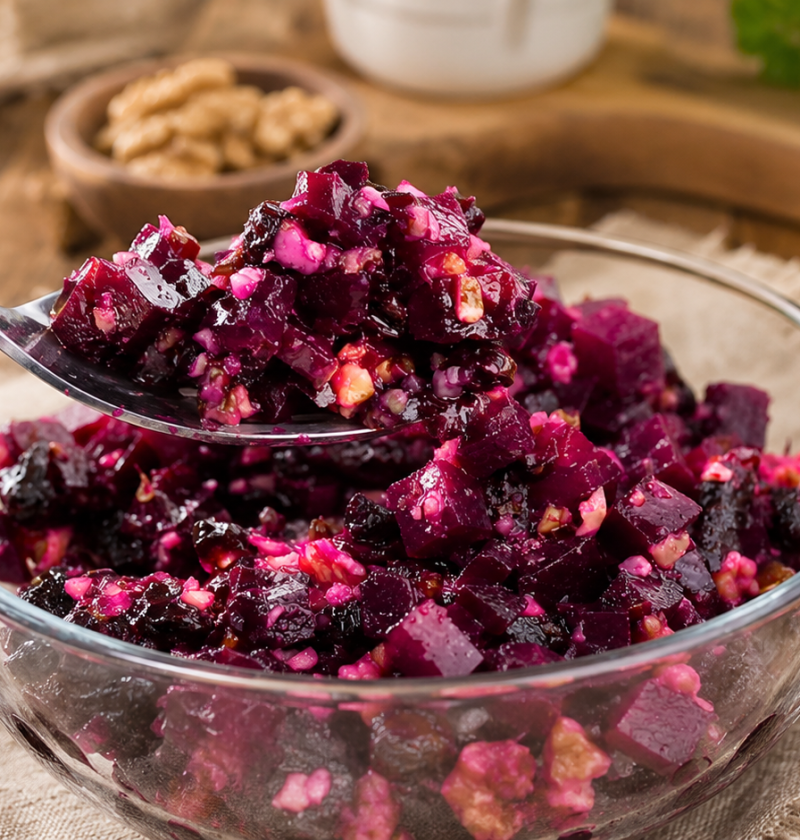 Rote-Bete-Salat mit Walnüssen, Pflaumen, Honig und Olivenöl