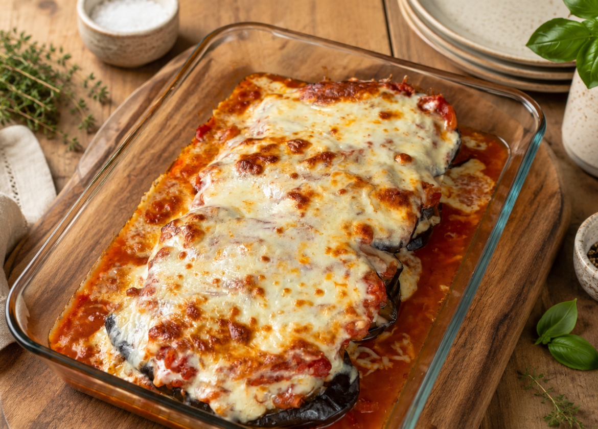 Käsiger Auberginen-Auflauf mit Tomaten-Zwiebel-Sauce