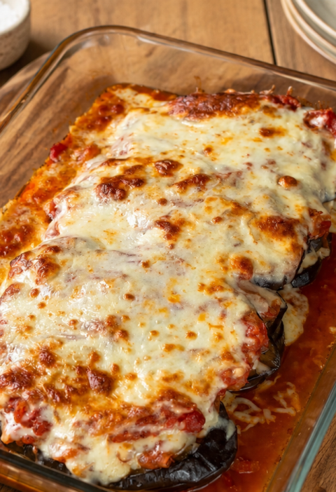 Käsiger Auberginen-Auflauf mit Tomaten-Zwiebel-Sauce
