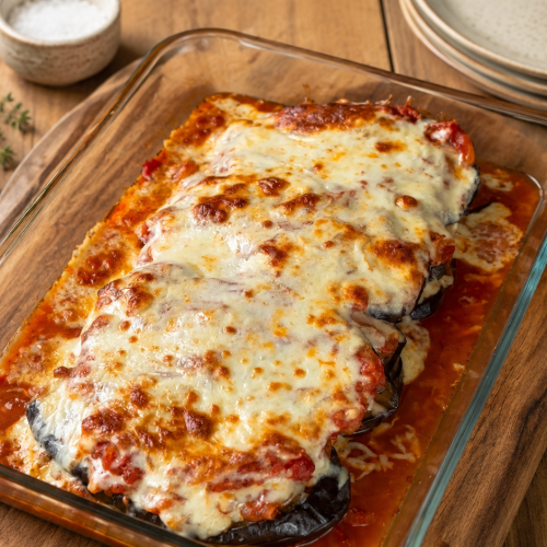 Käsiger Auberginen-Auflauf mit Tomaten-Zwiebel-Sauce