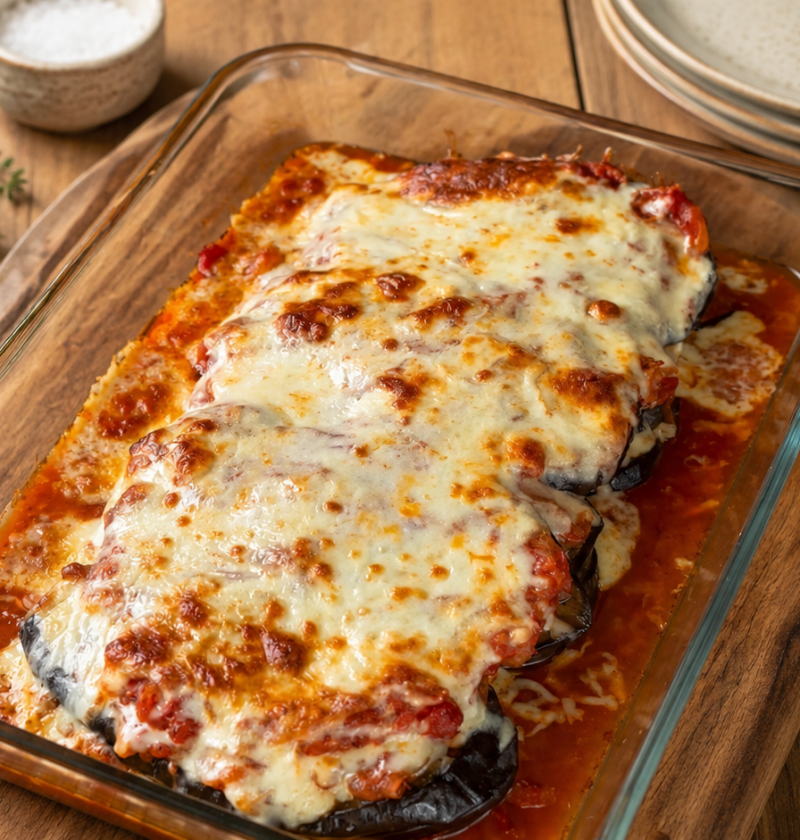 Käsiger Auberginen-Auflauf mit Tomaten-Zwiebel-Sauce