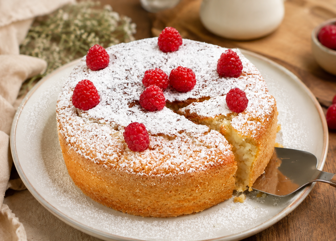 Ein lockerer, saftiger Grießkuchen mit Kefir und Vanille. Einfach zubereitet, leicht säuerlich, angenehm süß und perfekt zu Kaffee oder Tee. Mit Puderzucker und frischen Himbeeren servieren.