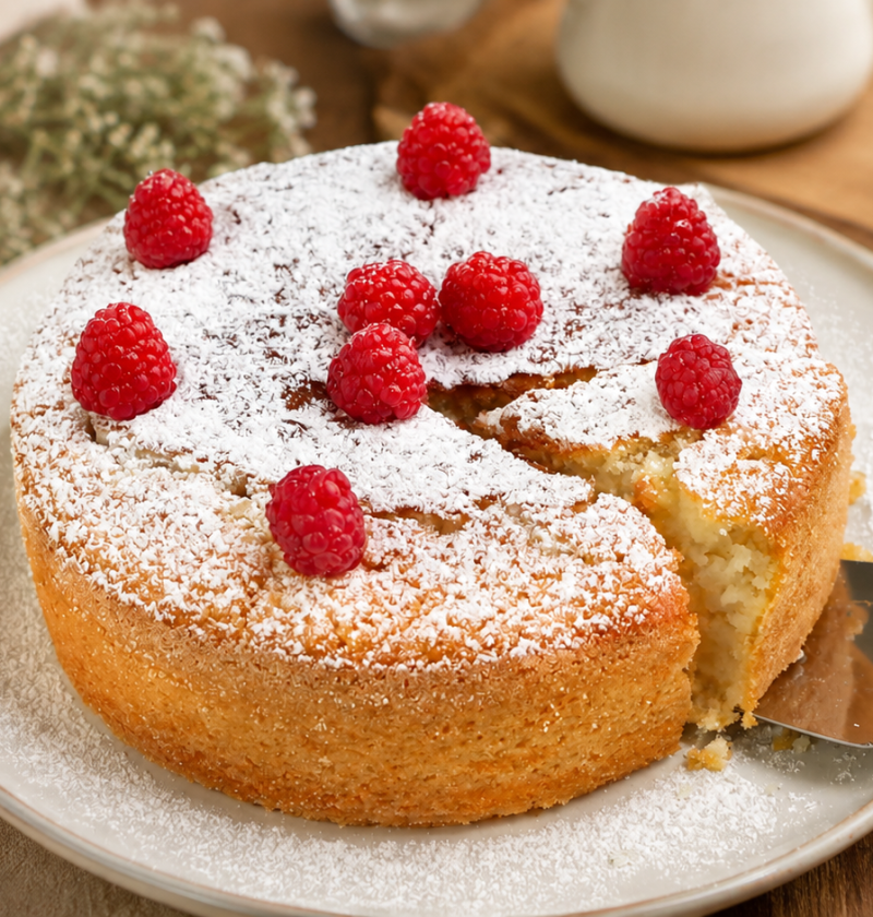Ein lockerer, saftiger Grießkuchen mit Kefir und Vanille. Einfach zubereitet, leicht säuerlich, angenehm süß und perfekt zu Kaffee oder Tee. Mit Puderzucker und frischen Himbeeren servieren.